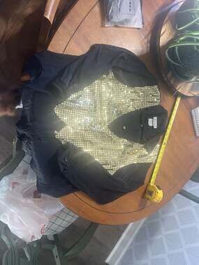 Vintage 80s Joanna Gold Sequined Mesh Front Black Long Sleeve Blouse Size Small